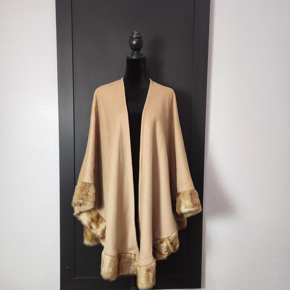 Reba Faux Fur Wrap Cape Shawl Camel Color Size L/XL